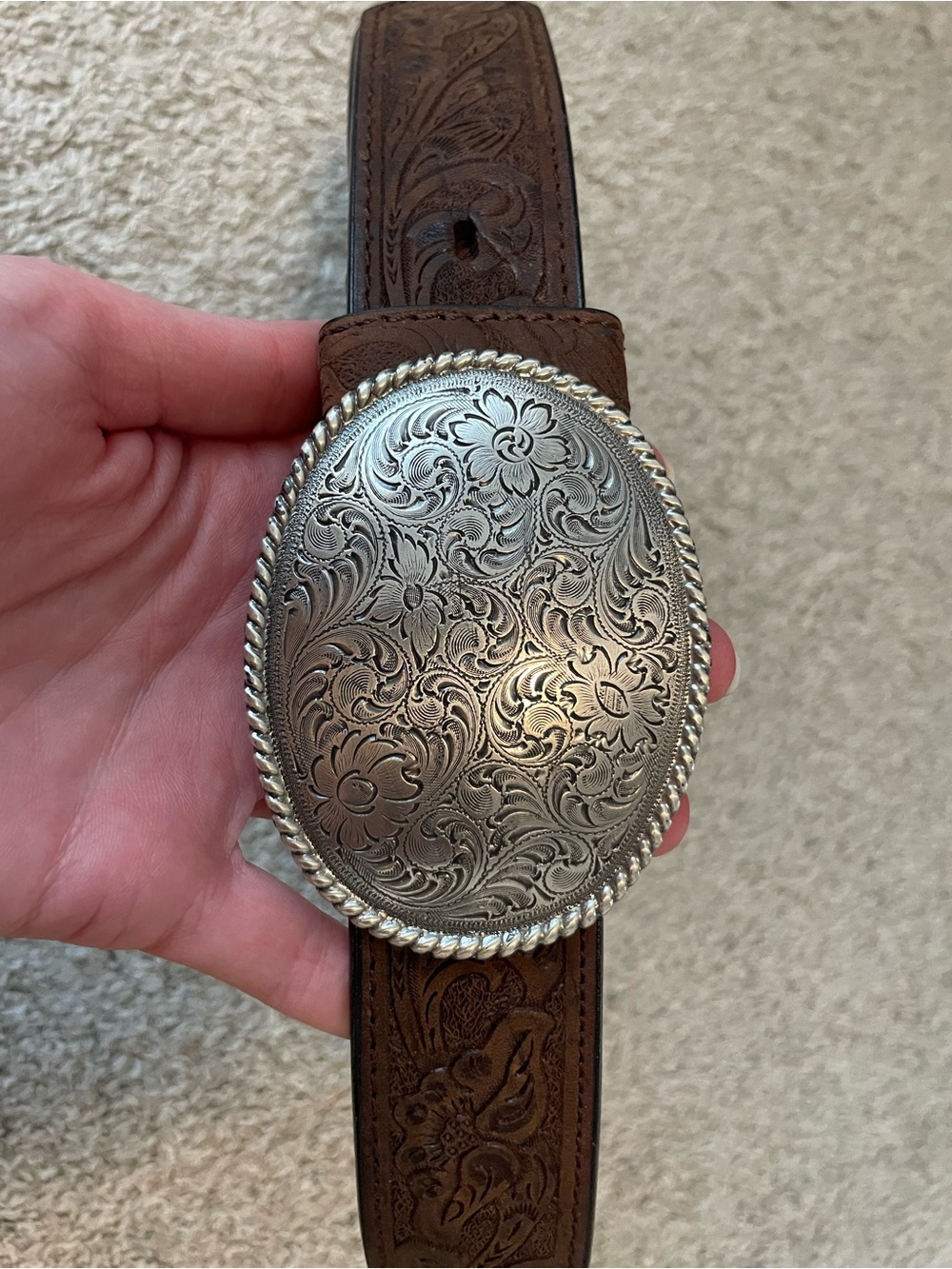 Beautiful Genuine Leather Tooled Brown Belt with Ornate Silver Floral Buckle
